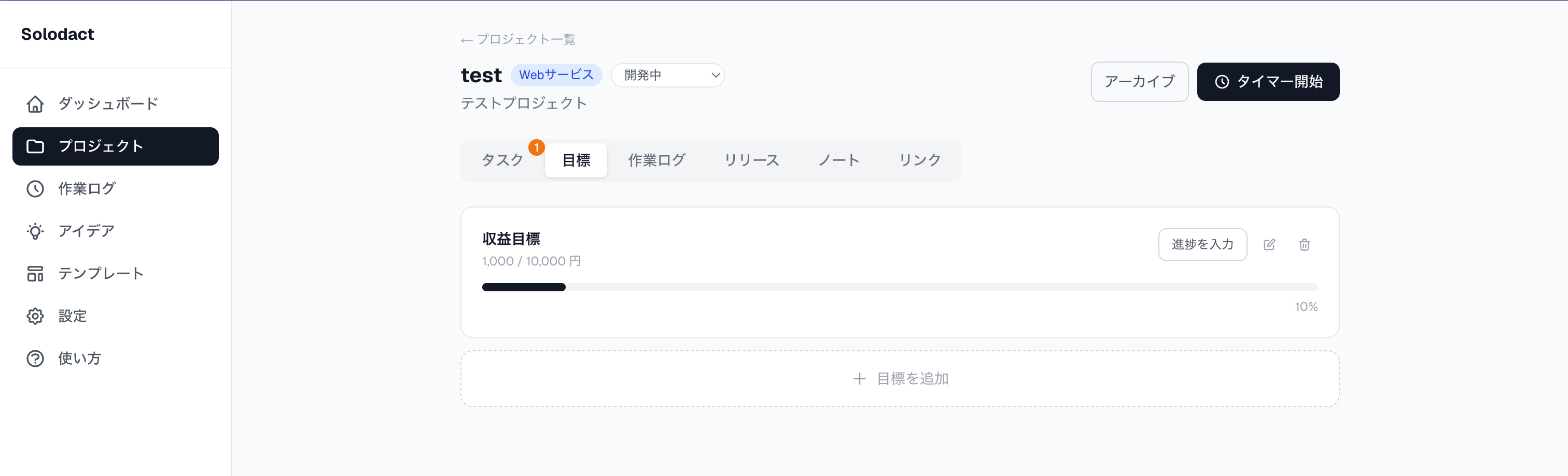 進捗を入力した後(10%達成)